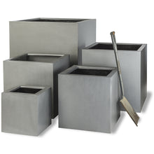 Load image into Gallery viewer, Modern Square cube grey faux lead and aluminium effect Geo cube planters. Handmade in the UK lightweight fibreglass modern garden planters.
