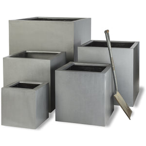 Modern Square cube grey faux lead and aluminium effect Geo cube planters. Handmade in the UK lightweight fibreglass modern garden planters.