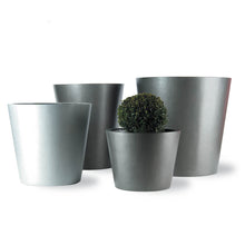 Load image into Gallery viewer, Grey round planters. Geo style tapered round fibreglass planter in a faux lead grey finish or light grey aluminium metallic finish