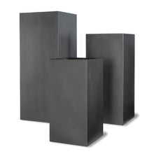 Load image into Gallery viewer, Tall Geo Square planters in stylish dark grey faux lead finish. Tall rectangle planters for the garden or home. Ideal for office interior planters, hotel lobby areas and large hallways.