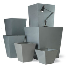 Load image into Gallery viewer, Geo Modern Tall tapered planters, textured grey faux lead finish. Tall planters for gardens, balcony and terraces as well as indoor spaces such as office interiors.
