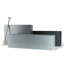 Load image into Gallery viewer, Geo Contemporary large trough planters in textured Faux lead or aluminium finish, made in the UK  from lightweight fibreglass