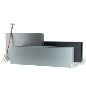 Geo Contemporary large trough planters in textured Faux lead or aluminium finish, made in the UK  from lightweight fibreglass
