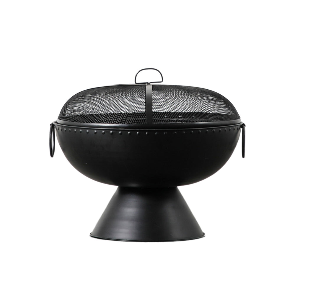 Black garden fire pit with safety cover