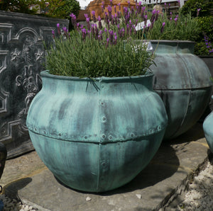 Antique copper planters UK by Vert Green. Aged Copper finish large garden planters and pots.