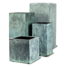 Load image into Gallery viewer, Fairhaven tall beaten copper effect planter. Green copper shades with a patterned design.