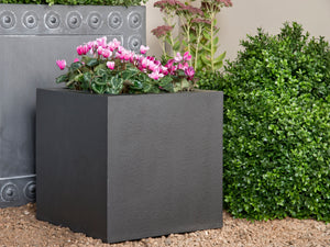 Dark grey textured faux lead effect modern Geo Square garden planters, made in the UK from lightweight fibreglass
