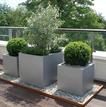 Load image into Gallery viewer, Modern square aluminium finish garden planters. Lightweight fibreglass Geo cube garden planters, made in the UK