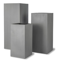 Load image into Gallery viewer, Tall Geo Square planters in stylish light grey aluminium finish made from lightweight fibreglass. Tall rectangle planters for the garden or home. Ideal for office interior planters, hotel lobby areas and large hallways.