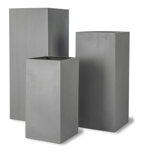 Tall Geo Square planters in stylish light grey aluminium finish made from lightweight fibreglass. Tall rectangle planters for the garden or home. Ideal for office interior planters, hotel lobby areas and large hallways.